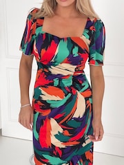 Girl In Mind Green Red Abstract Heidi Ruched Midi Dress - Image 4 of 4
