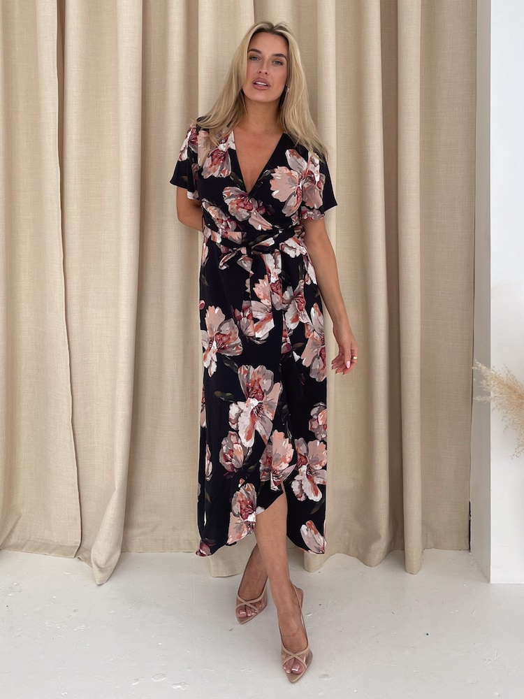 Girl In Mind Black Large Floral Farren Wrap Maxi Dress - Image 1 of 5