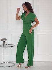 Girl In Mind Green Bridget Twist Front Split Arm Jumpsuit - Image 2 of 4