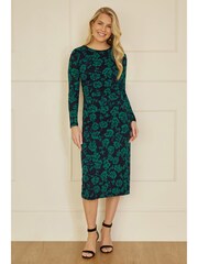 Yumi Green Floral Fitted Mesh Midi Dress With Long Sleeves - Image 1 of 5