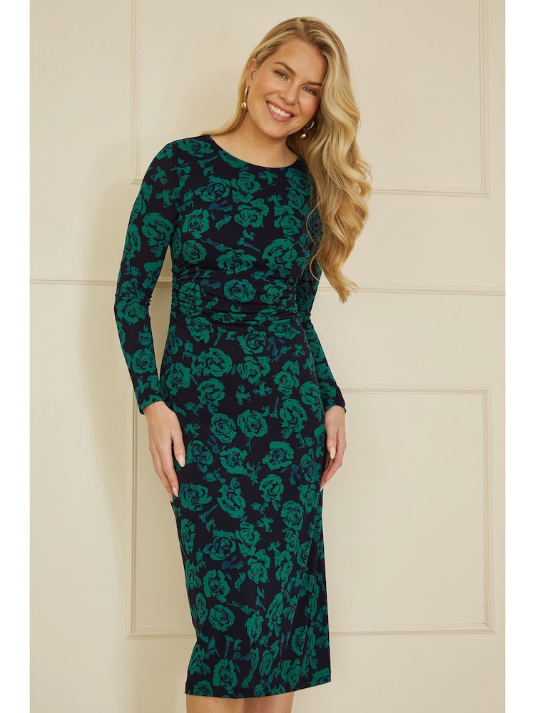 Yumi Green Floral Fitted Mesh Midi Dress With Long Sleeves - Image 2 of 5