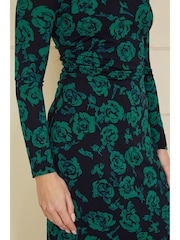 Yumi Green Floral Fitted Mesh Midi Dress With Long Sleeves - Image 4 of 5