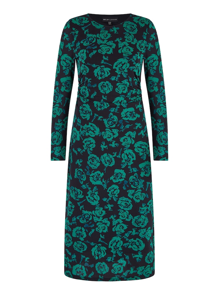 Yumi Green Floral Fitted Mesh Midi Dress With Long Sleeves - Image 5 of 5
