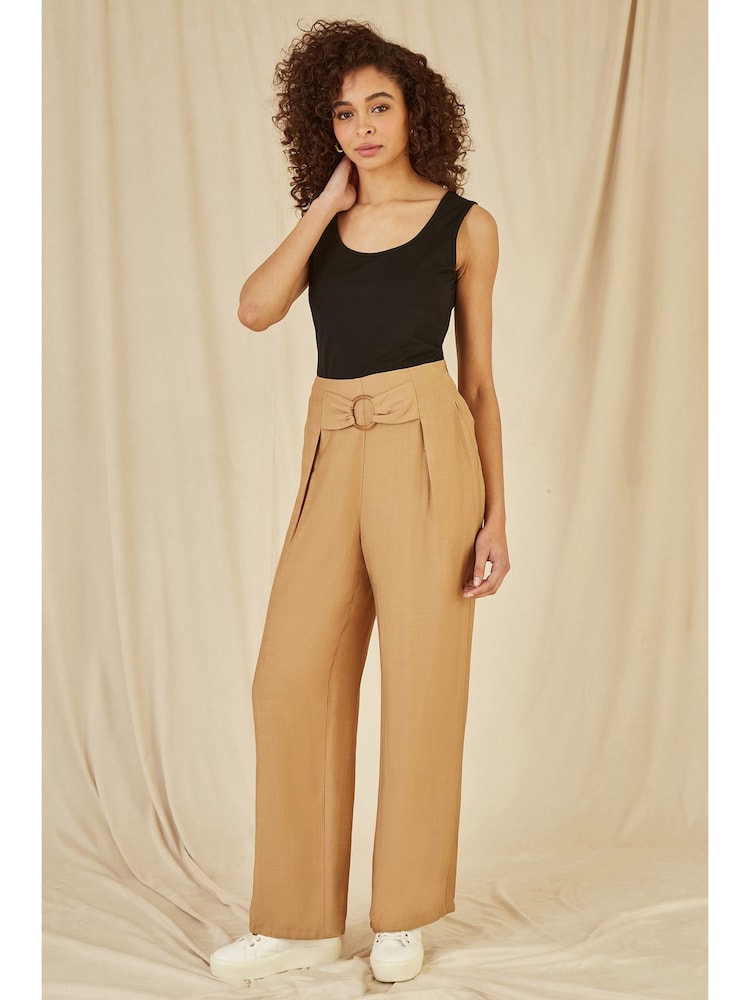 Yumi Brown Wide Leg Trousers With Front Buckle Detail - Image 1 of 4