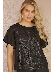 Yumi Black Sequin Top With Sheer Sleeves And Cut Out Back - Image 1 of 5