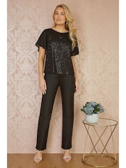 Yumi Black Sequin Top With Sheer Sleeves And Cut Out Back - Image 2 of 5