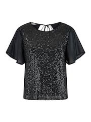 Yumi Black Sequin Top With Sheer Sleeves And Cut Out Back - Image 5 of 5