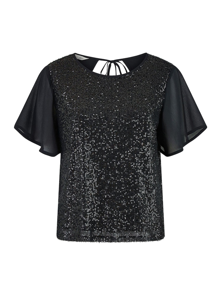 Yumi Black Sequin Top With Sheer Sleeves And Cut Out Back - Image 5 of 5