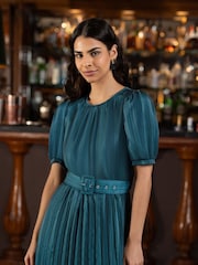 Yumi Green Satin Striped Midi Dress With Pleats and Matching Belt - Image 2 of 9
