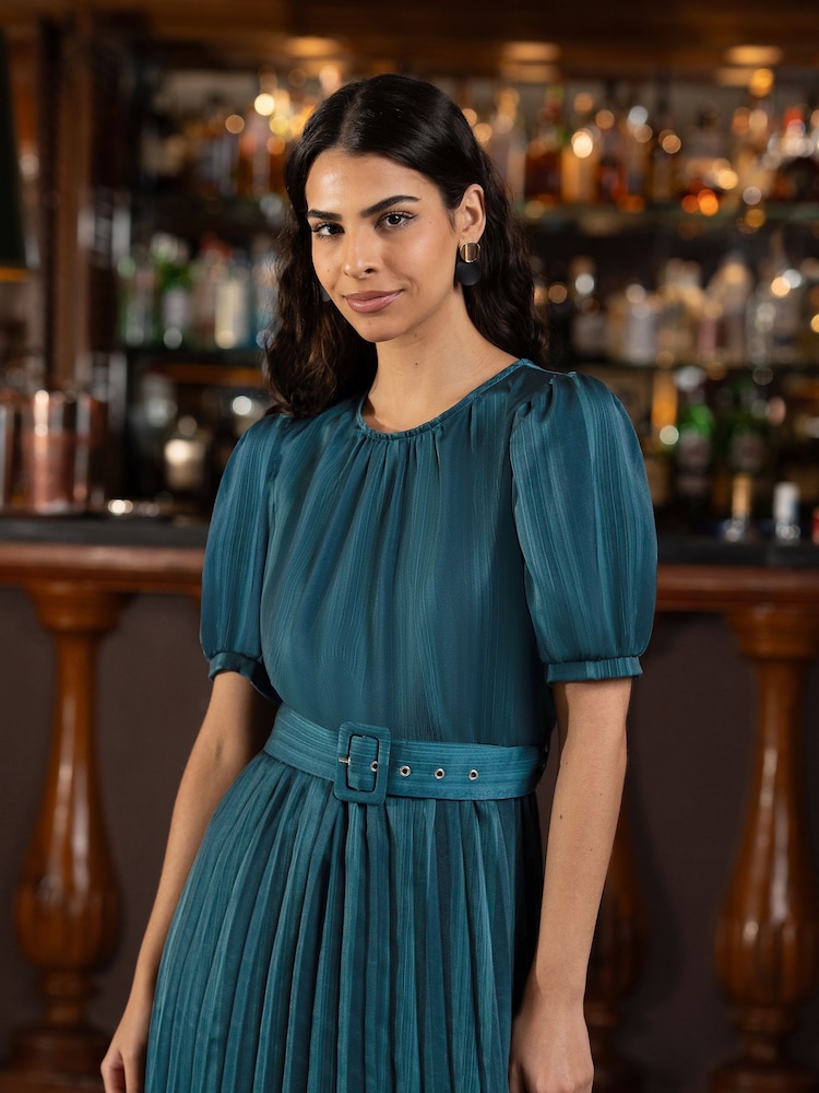 Yumi Green Satin Striped Midi Dress With Pleats and Matching Belt - Image 2 of 9