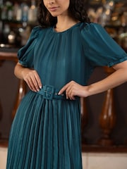 Yumi Green Satin Striped Midi Dress With Pleats and Matching Belt - Image 3 of 9