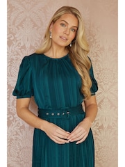 Yumi Green Satin Striped Midi Dress With Pleats and Matching Belt - Image 6 of 9