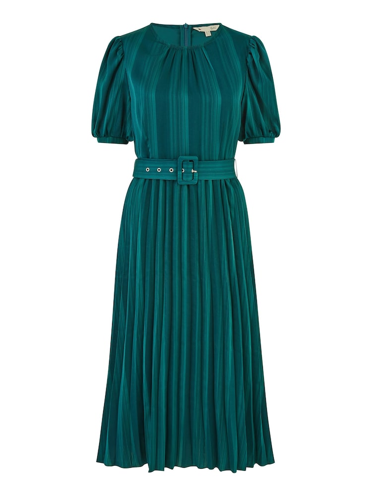Yumi Green Satin Striped Midi Dress With Pleats and Matching Belt - Image 9 of 9