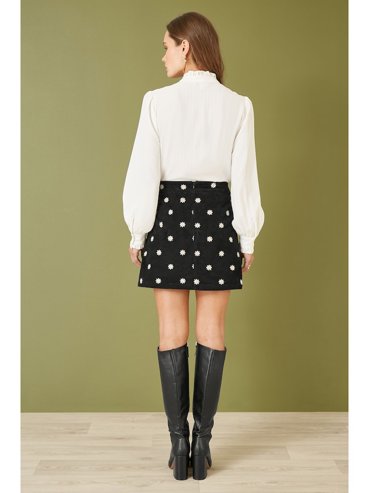 Yumi Black Mini Corduroy Embroidered Daisy Skirt - Image 2 of 4