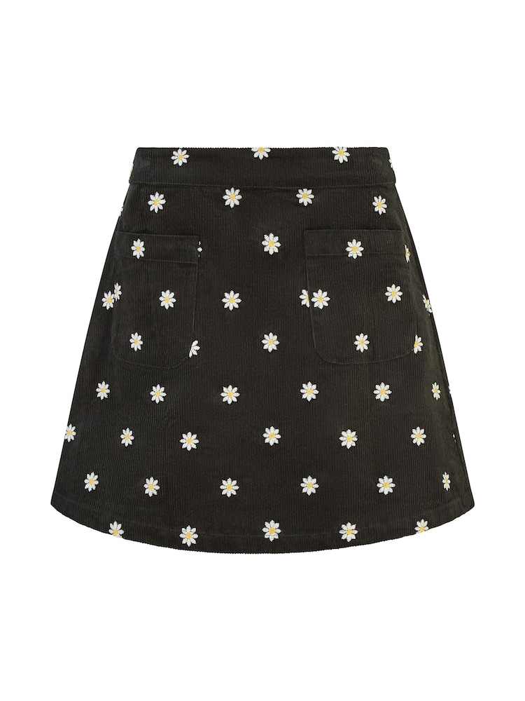 Yumi Black Mini Corduroy Embroidered Daisy Skirt - Image 4 of 4