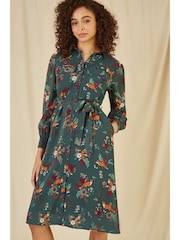 Yumi Green Fox Print Shirt Midi Dress - Image 1 of 4