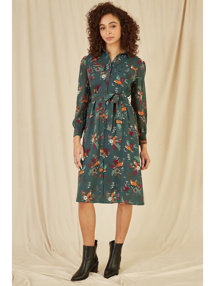 Yumi Green Fox Print Shirt Midi Dress - Image 2 of 4
