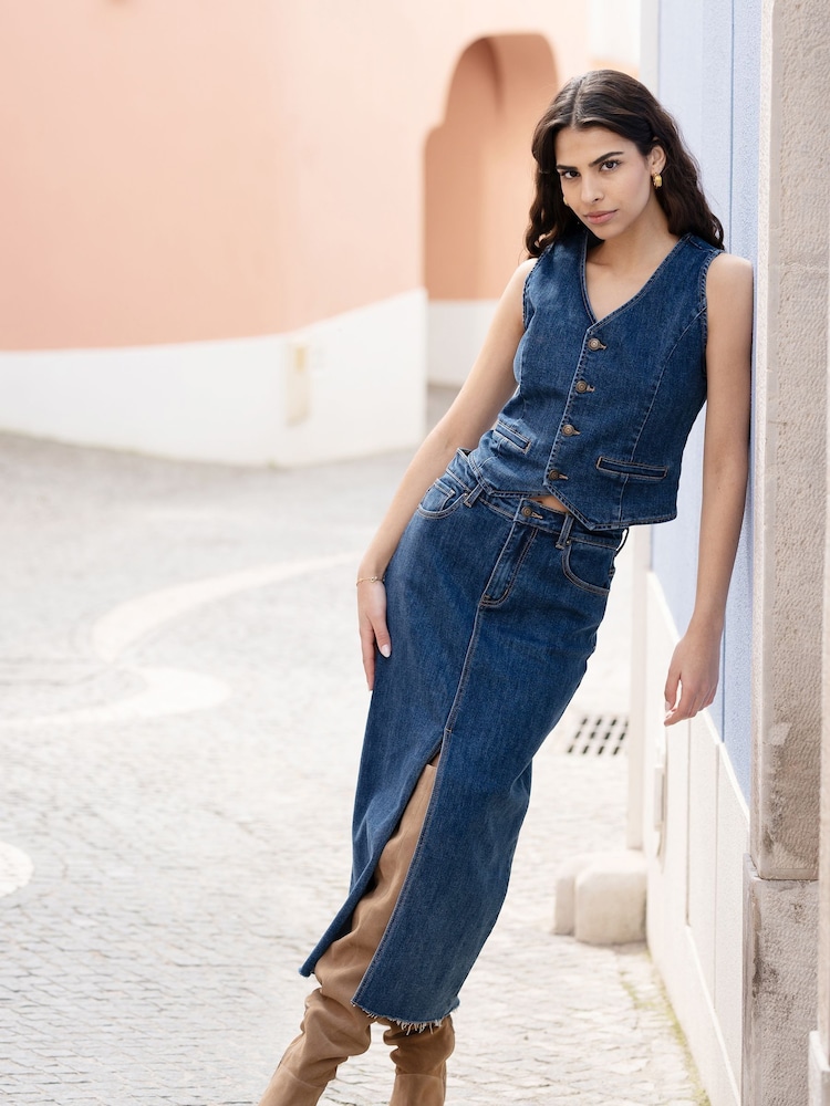 Yumi Blue Denim Stretch Fitted Midi Skirt With Front Split - Image 1 of 5 Yumi Blue Denim Stretch Fitted Midi Skirt With Front Split - Image 1 of 5