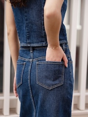 Yumi Blue Denim Stretch Fitted Midi Skirt With Front Split - Image 4 of 5