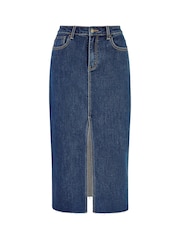 Yumi Blue Denim Stretch Fitted Midi Skirt With Front Split - Image 5 of 5