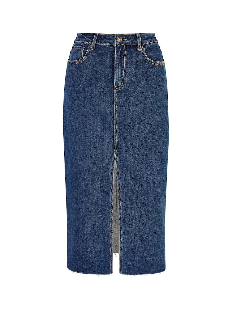 Yumi Blue Denim Stretch Fitted Midi Skirt With Front Split - Image 5 of 5 Yumi Blue Denim Stretch Fitted Midi Skirt With Front Split - Image 5 of 5