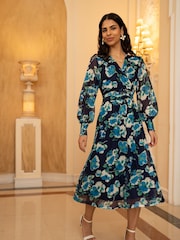 Yumi Blue Floral Mesh Wrap Dress With Long Sleeves - Image 1 of 9