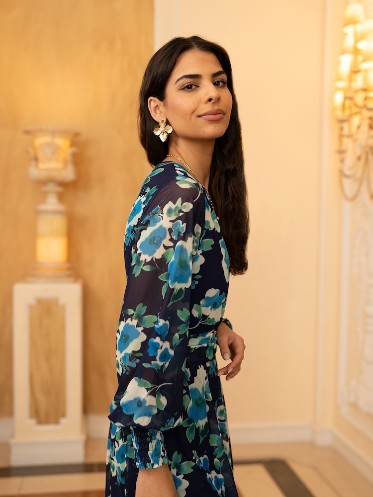 Yumi Blue Floral Mesh Wrap Dress With Long Sleeves - Image 2 of 9