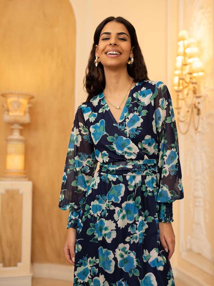 Buy Yumi Blue Floral Mesh Wrap Dress With Long Sleeves from Next USA