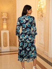 Yumi Blue Floral Mesh Wrap Dress With Long Sleeves - Image 4 of 9