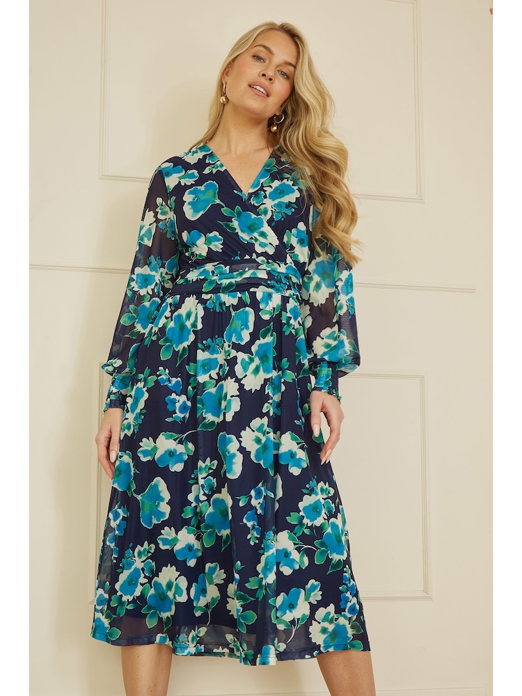 Buy Yumi Blue Floral Mesh Wrap Dress With Long Sleeves from Next USA