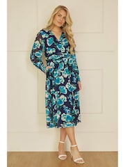 Yumi Blue Floral Mesh Wrap Dress With Long Sleeves - Image 6 of 9