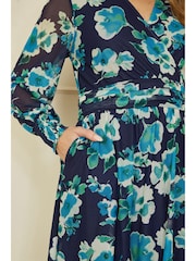 Yumi Blue Floral Mesh Wrap Dress With Long Sleeves - Image 7 of 9