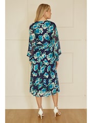 Yumi Blue Floral Mesh Wrap Dress With Long Sleeves - Image 8 of 9