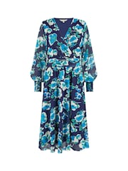 Yumi Blue Floral Mesh Wrap Dress With Long Sleeves - Image 9 of 9