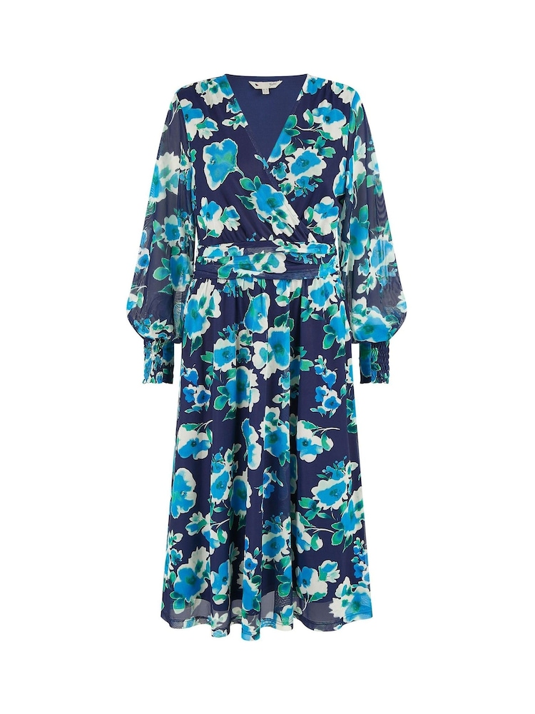 Yumi Blue Floral Mesh Wrap Dress With Long Sleeves - Image 9 of 9