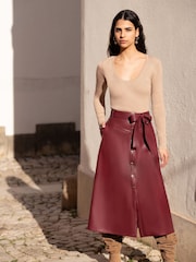 Yumi Red Faux Leather A Line Midi Skirt With Button Up Details - Image 1 of 5