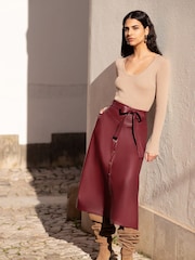Yumi Red Faux Leather A Line Midi Skirt With Button Up Details - Image 2 of 5