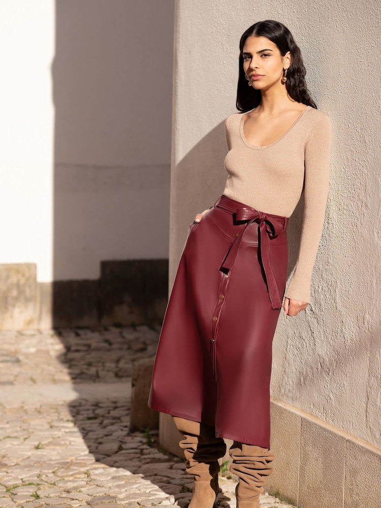 Yumi Red Faux Leather A Line Midi Skirt With Button Up Details - Image 2 of 5