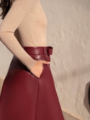 Yumi Red Faux Leather A Line Midi Skirt With Button Up Details - Image 3 of 5
