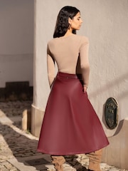Yumi Red Faux Leather A Line Midi Skirt With Button Up Details - Image 4 of 5