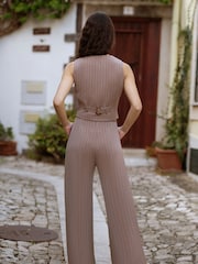 Yumi Brown Pinstripe Cotton And Ramie Wide Leg Trousers - Image 2 of 5