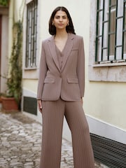 Yumi Brown Pinstripe Cotton And Ramie Wide Leg Trousers - Image 3 of 5