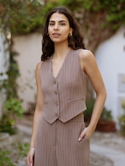Yumi Brown Pinstripe Cotton And Ramie Wide Leg Trousers - Image 4 of 5