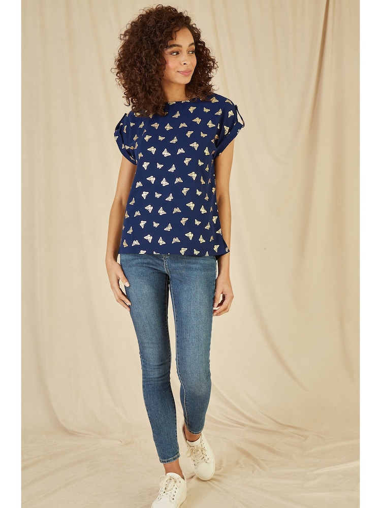 Yumi Blue Foil Butterfly Print Top - Image 2 of 5