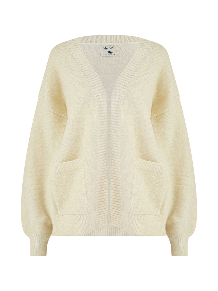 Yumi Cream Metallic Slouchy Cardigan With Pockets - Image 4 of 4