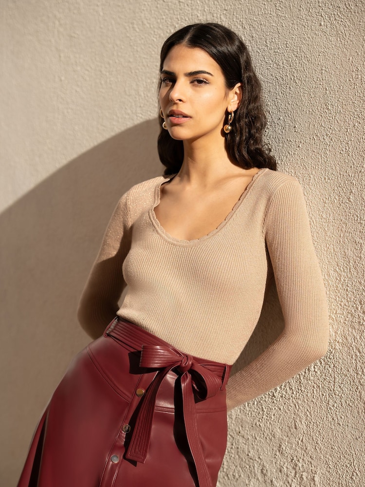Yumi Gold Metallic Knitted Ribbed Top - Image 1 of 5