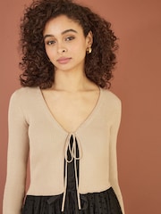 Yumi Gold Metallic Knitted Ribbed Tie Front Bolero - Image 1 of 4