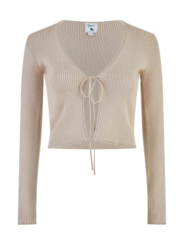 Yumi Gold Metallic Knitted Ribbed Tie Front Bolero - Image 4 of 4