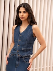 Yumi Blue Denim Stretch Waistcoat - Image 1 of 5