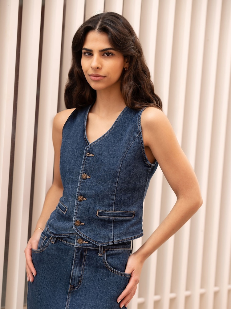 Yumi Blue Denim Stretch Waistcoat - Image 1 of 5
